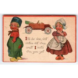 Dutch Boy and Girl Automobile Car Romance Postcard Barton & Spooner 1913
